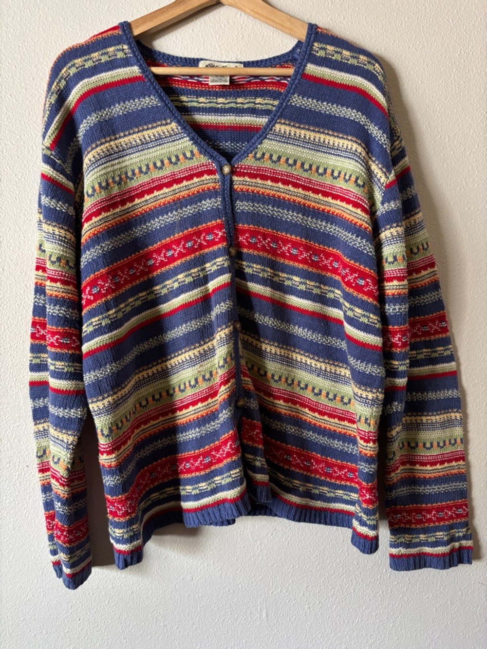 Vintage Eddie Bauer Colorful Stripe Linen Blend Cardigan Sweater Size Large